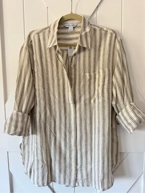 Old Navy Linen-Blend Striped Button-Up Shirt in Cream & Brown